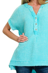 Zenana Washed Double Gauze 3/4 Button Henley Neck Shirt OutfitFlow